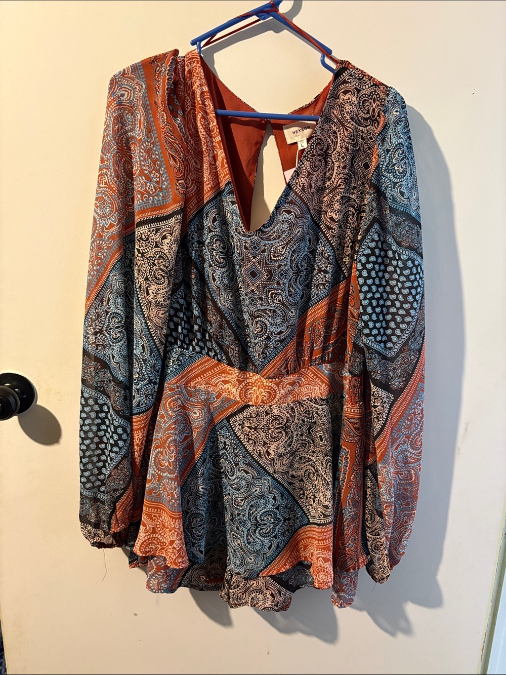 Boho Paisley V-Neck Long Sleeve Romper — Rust & Teal